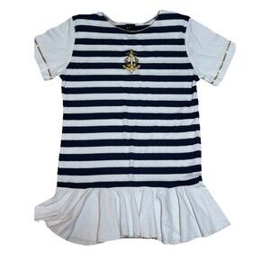 Dotti Nautical‎ Stripe Swim Cover Up Dress Gold Trim Ruffle Hem Size M Navy